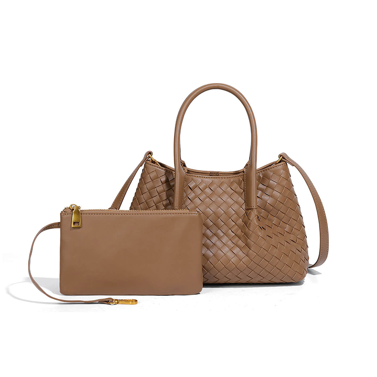 Designer Woven Tote Bag with Matching Wristlet – Elegant Shoulder & Top-Handle Purse