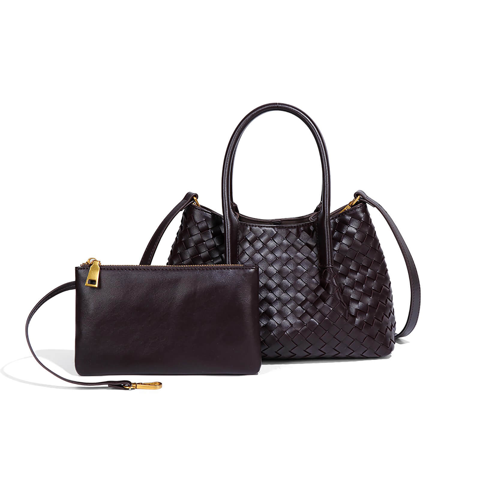 Designer Woven Tote Bag with Matching Wristlet – Elegant Shoulder & Top-Handle Purse