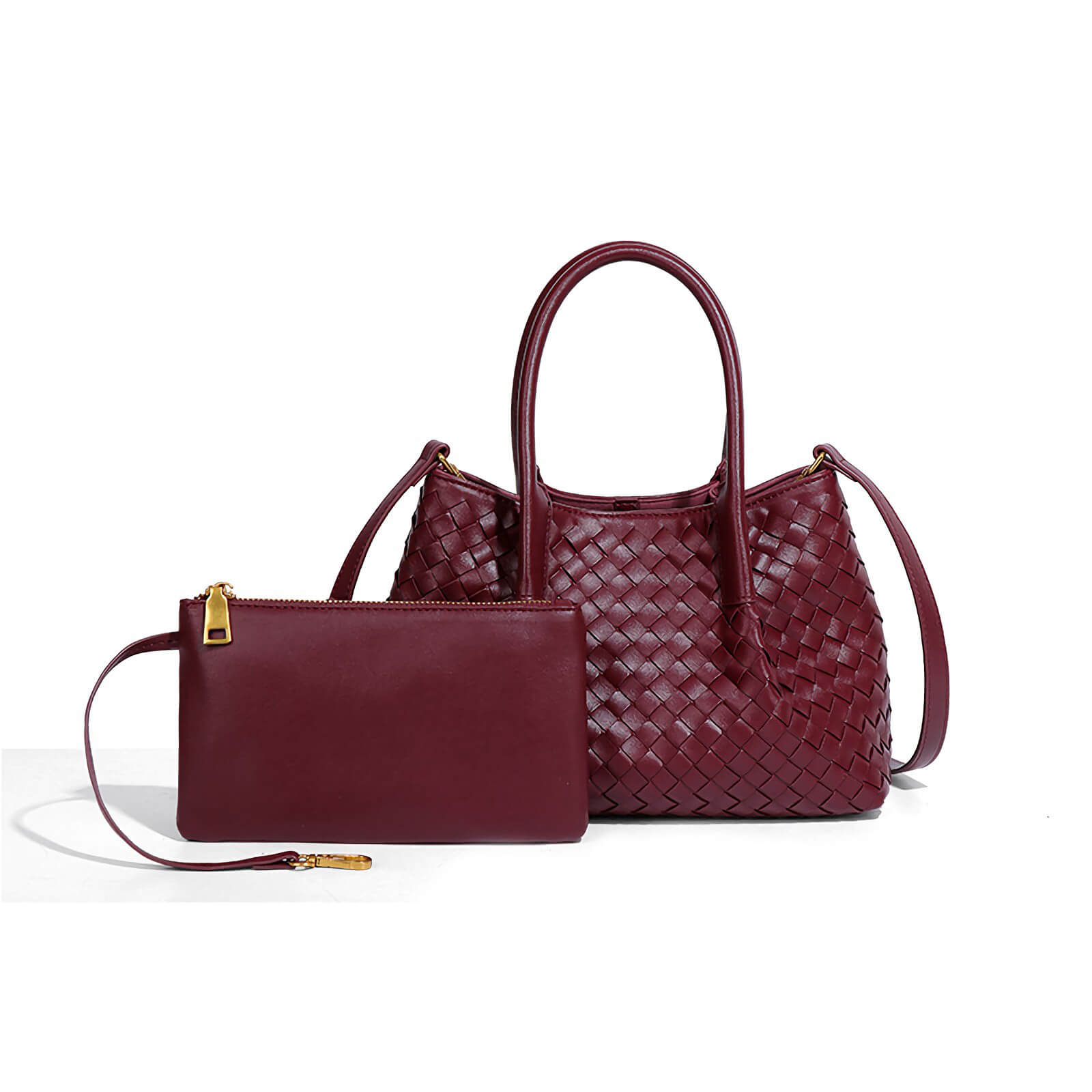 Designer Woven Tote Bag with Matching Wristlet – Elegant Shoulder & Top-Handle Purse