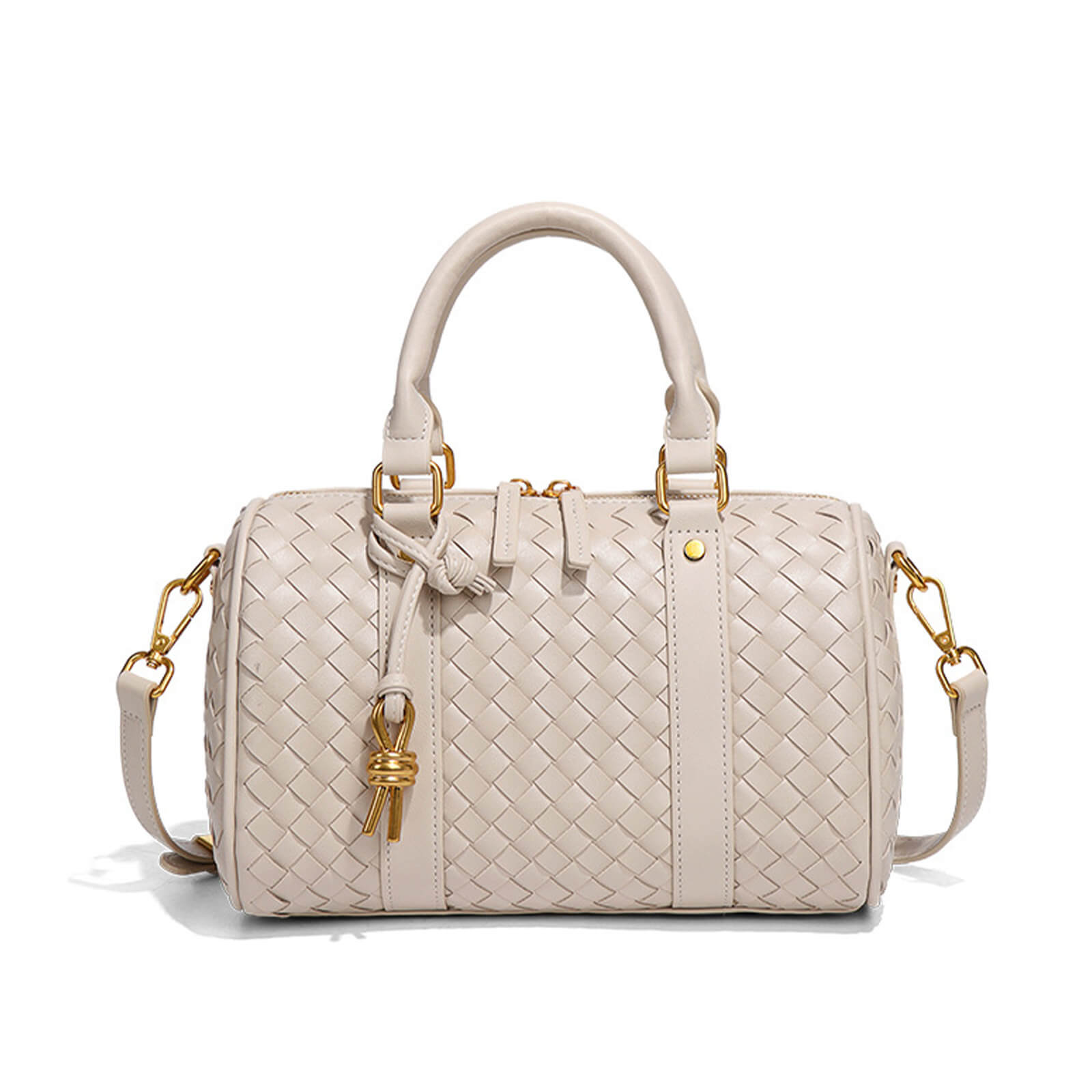 Woven Leather Barrel Bag for Women – Top Handle Satchel Crossbody with Adjustable Strap