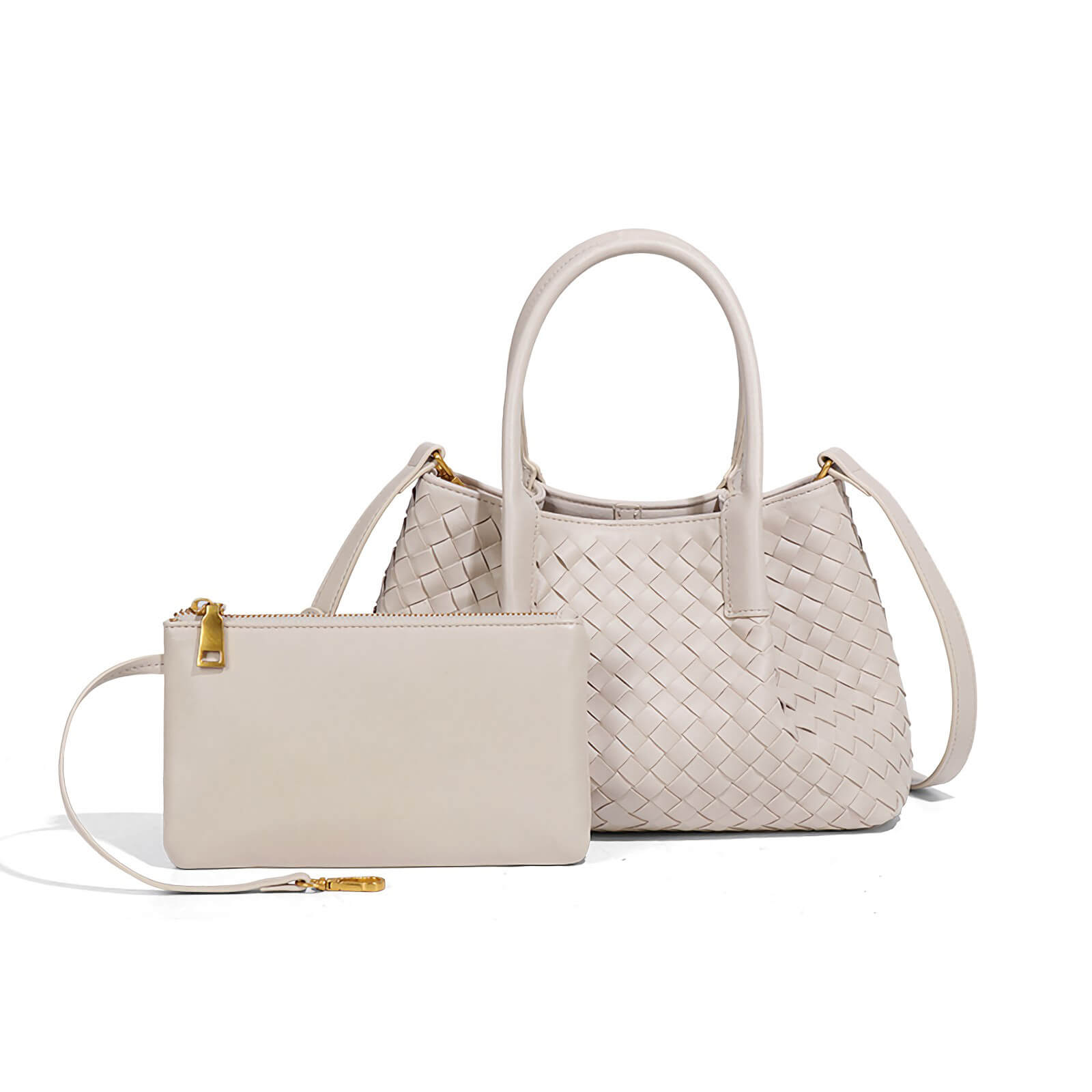 Designer Woven Tote Bag with Matching Wristlet – Elegant Shoulder & Top-Handle Purse